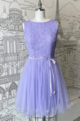 A-line Scoop Neck Tulle Lace Mini Bridesmaid Dress with Sash