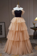 Champagne Off The Shoulder Evening Gown A Line Tulle Long Prom Dresses