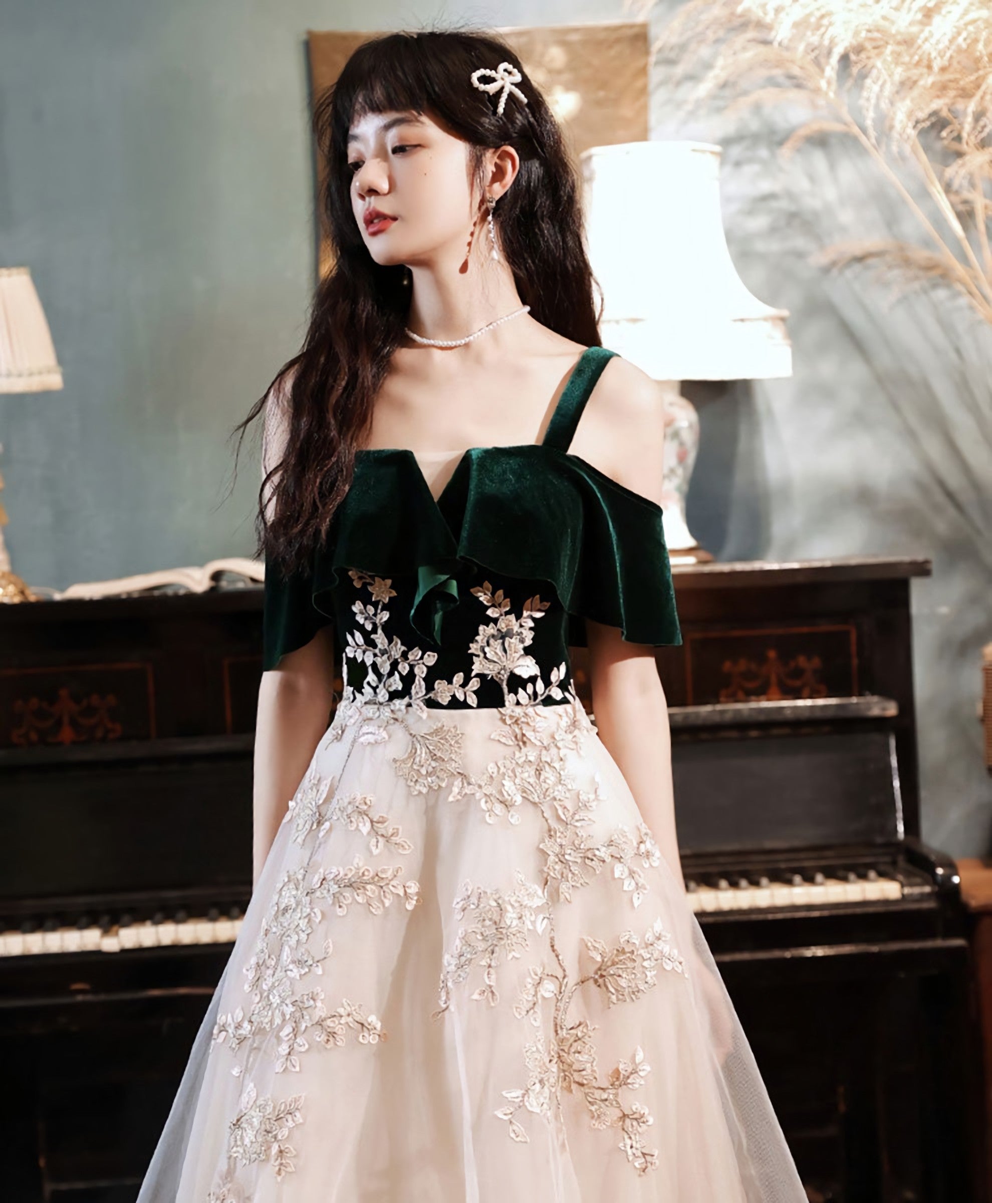 Green Tulle Lace Long Prom Dress, Green Lace Formal Dress