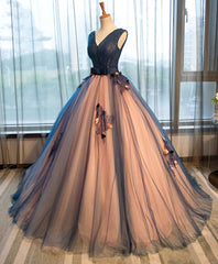 Dark Blue Tulle V Neck Long Prom Gown Tulle Evening Gown