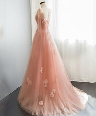 Pink V Neck Tulle Long Prom Dress, Tulle Evening Dress