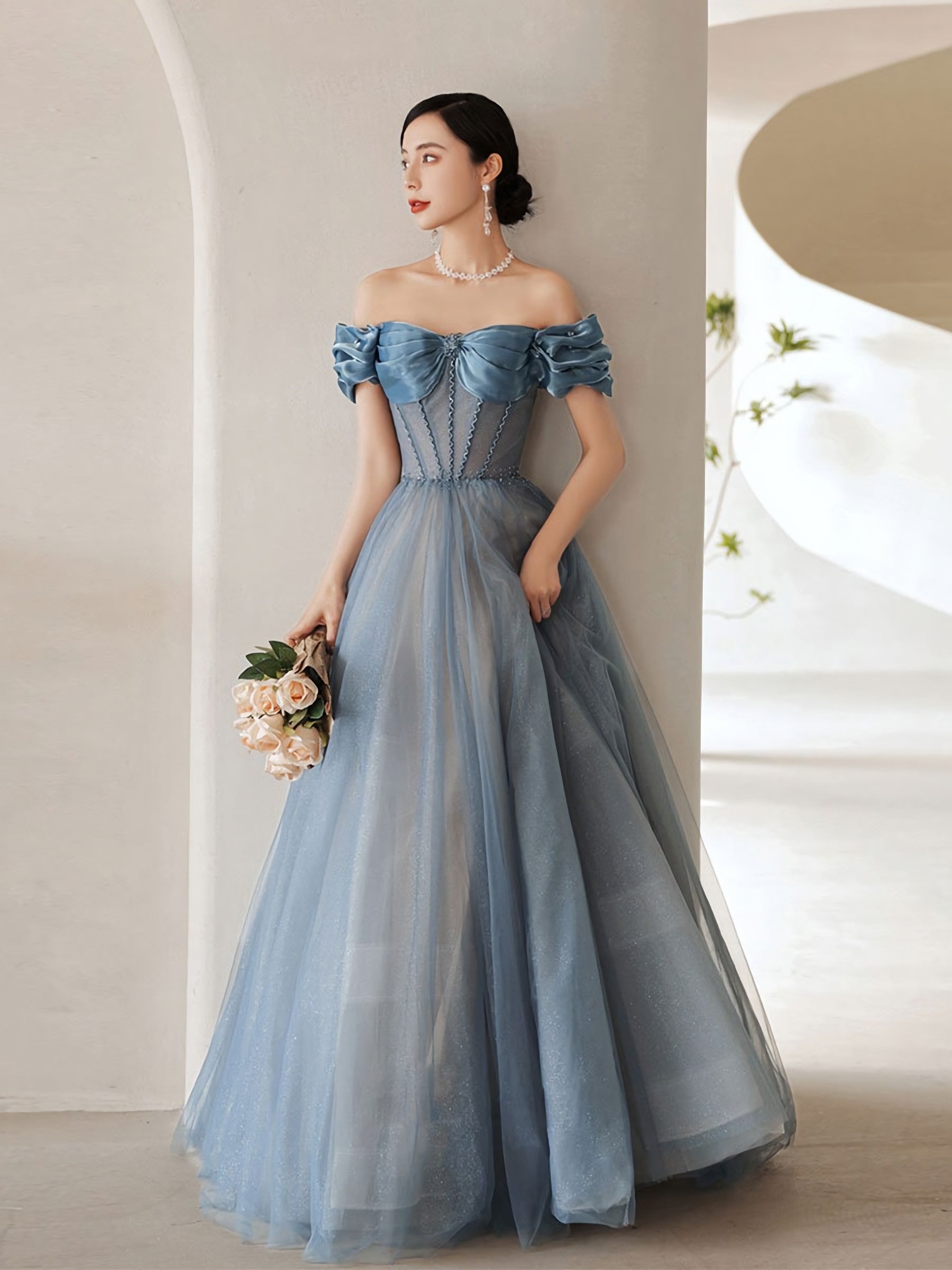 Blue Sweetheart Off Shoulder Tulle Long Prom Dress, Blue Formal Dress Main image
