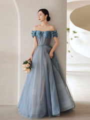 Blue Sweetheart Off Shoulder Tulle Long Prom Dress, Blue Formal Dress