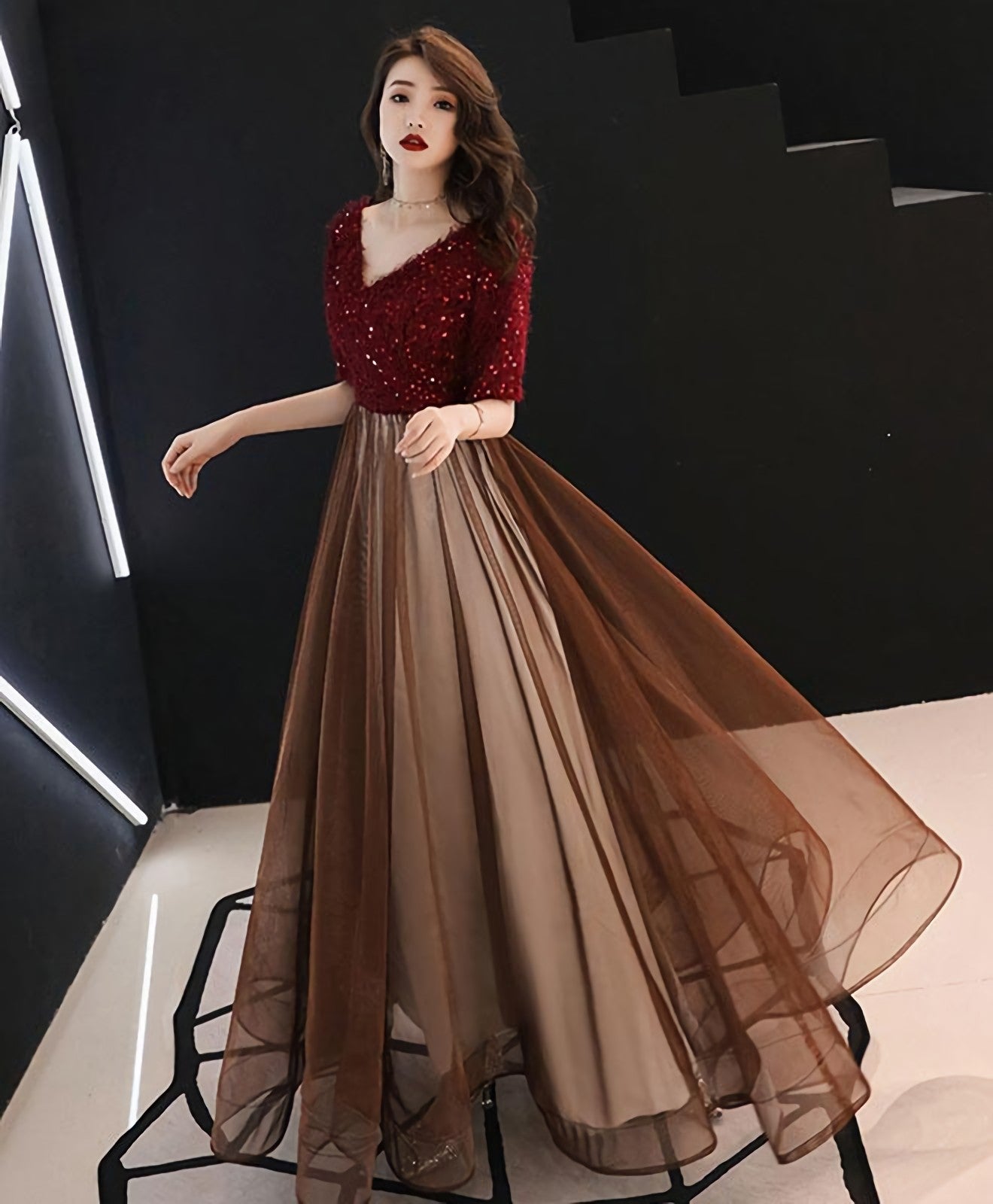 Burgundy Sequin Tulle Long Prom Dress, Burgundy Evening Dress Main image