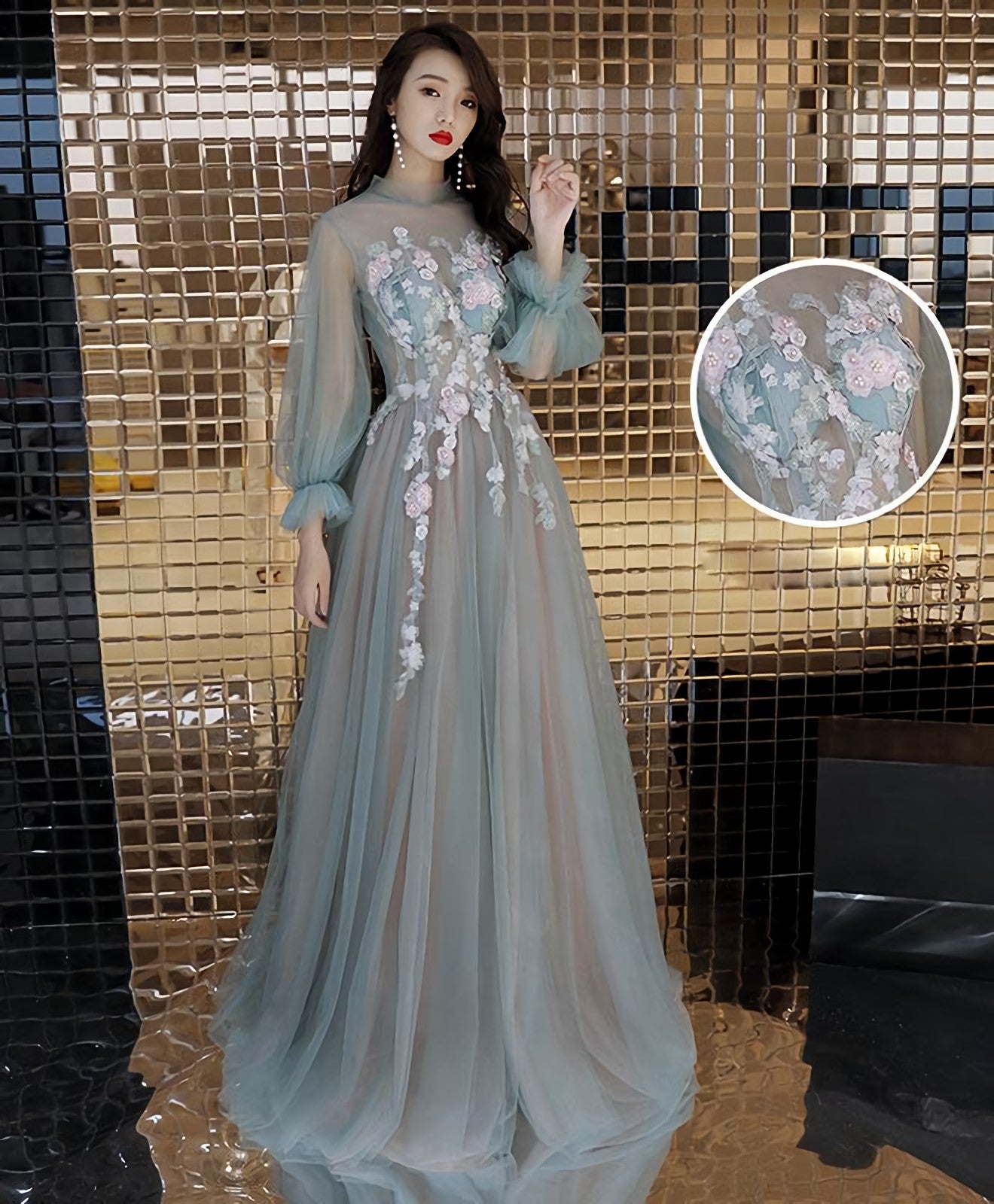 Green Tulle Lace Long Prom Dress, Green Tulle Evening Dress Main image