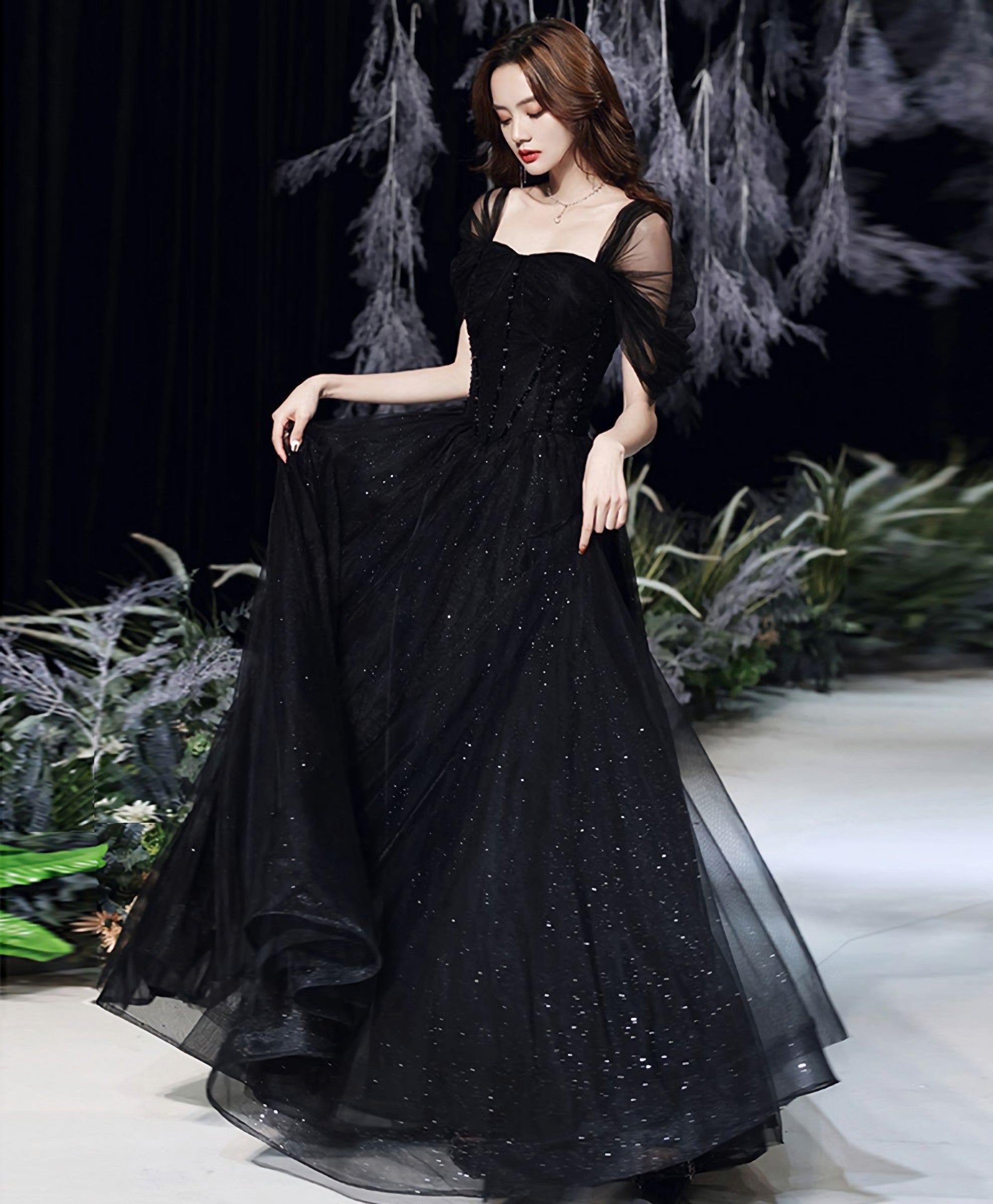 Black Tulle Lace Off Shoulder Long Prom Dress, Black Evening Dress