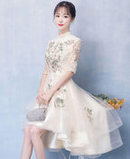 Unique Champagne Tulle Lace Applique Prom Dress, Evening Dress