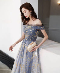 Blue Tulle Off Shoulder Lace Long Prom Dress, Tulle Formal Dress