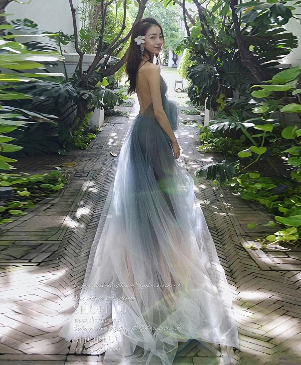 Gray V Neck Tulle Long Prom Dress, Gray Tulle Evening Dress, 1