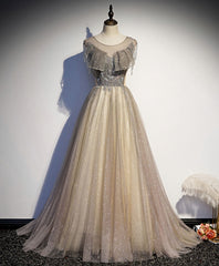 Champagne Round Neck Sequin Long Prom Dress, Tulle Formal Dress