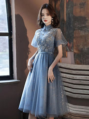 Blue Tulle Lace Short Prom Dress, Blue Tulle Homecoming Dress