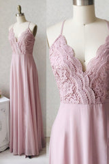 Pink Chiffon Lace Long Prom Dresses, V-Neck Spaghetti Strap Party Dresses