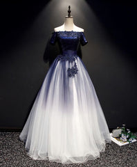 Blue Tulle Lace Long Prom Dress, Blue Tulle Lace Formal Dress