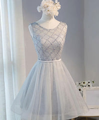 Gray Tulle Beads Short Prom Dress, Gray Homecoming Dress