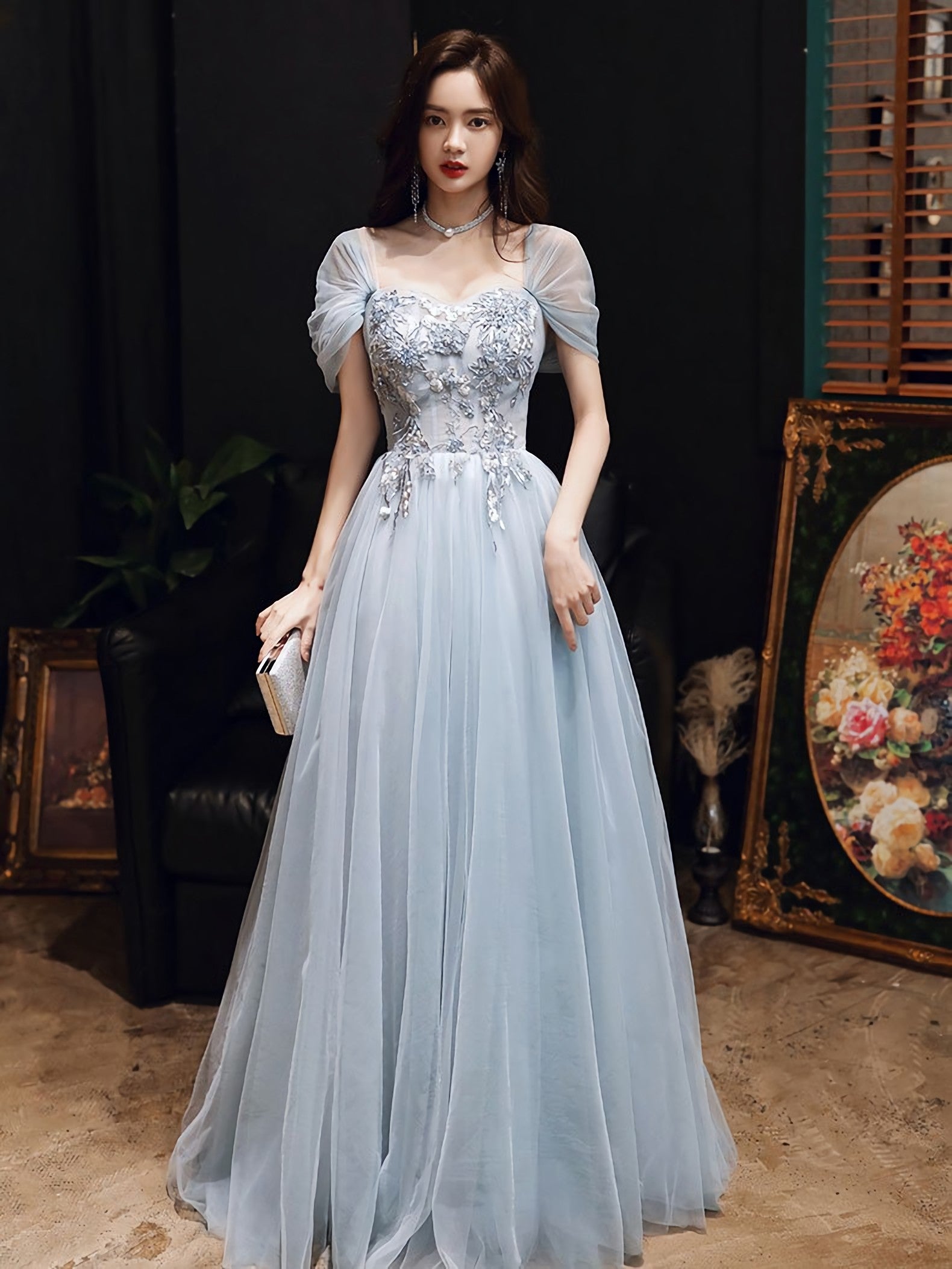 Blue Tulle Off Shoulder Tulle Lace Long Prom Dress, Blue Formal Dress