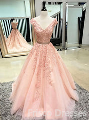 Pink Sleeveless V Neck Tulle Lace Applique Long Prom Dresses