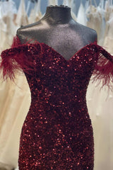 Burgundy Sequin Feather Off-the-Shoulder Mermaid Long Prom Gown
