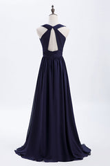 Empire Navy Blue Chiffon A-line Long Bridesmaid Dress