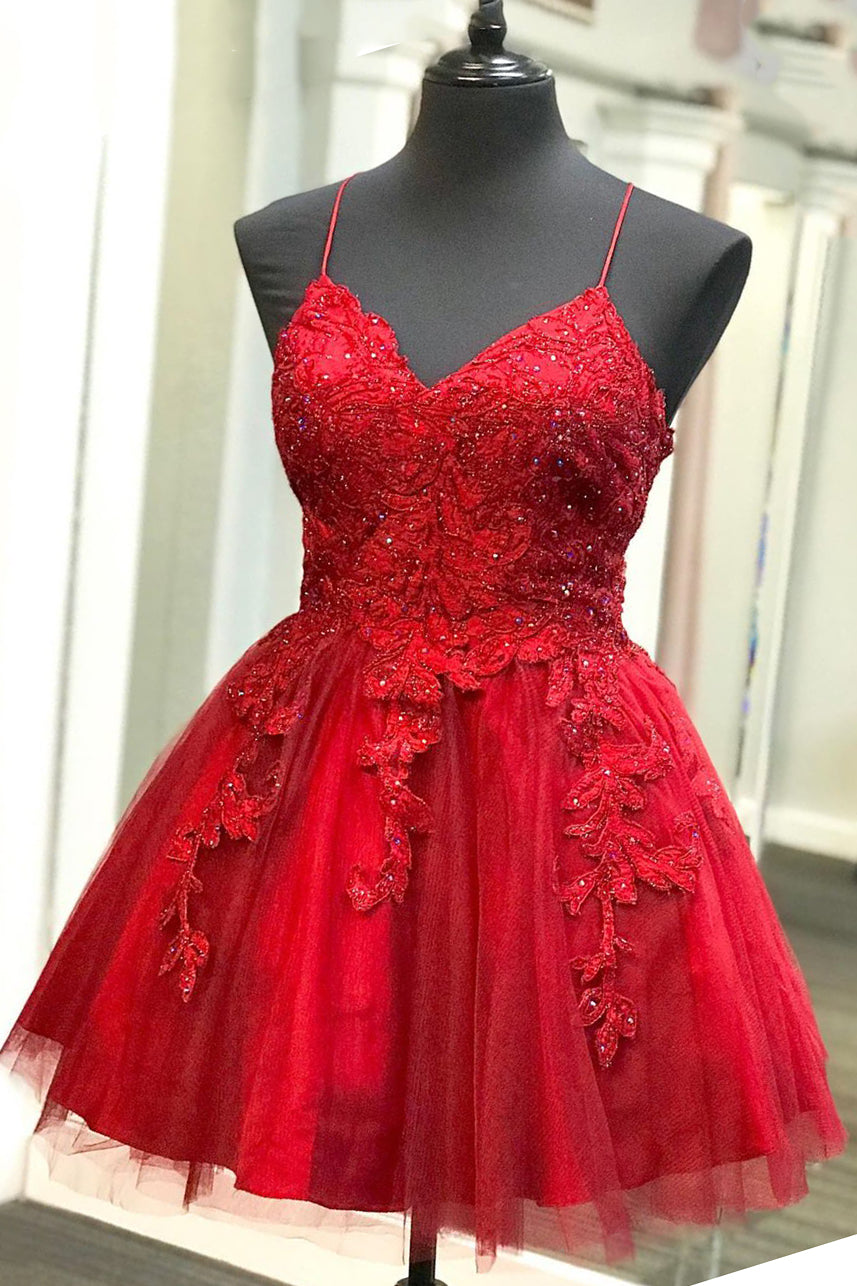 Strappy Lace Appliqued Red Short Homecoming Dress