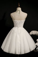 Ivory Spaghetti Straps Beaded Tulle Princess Homecoming Dresses