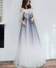 Blue Tulle Off Shoulder Long Prom Dress, Blue Formal Dress