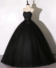 Black Sweetheart Neck Tulle Long Prom Dress, Black Evening Dress, 1