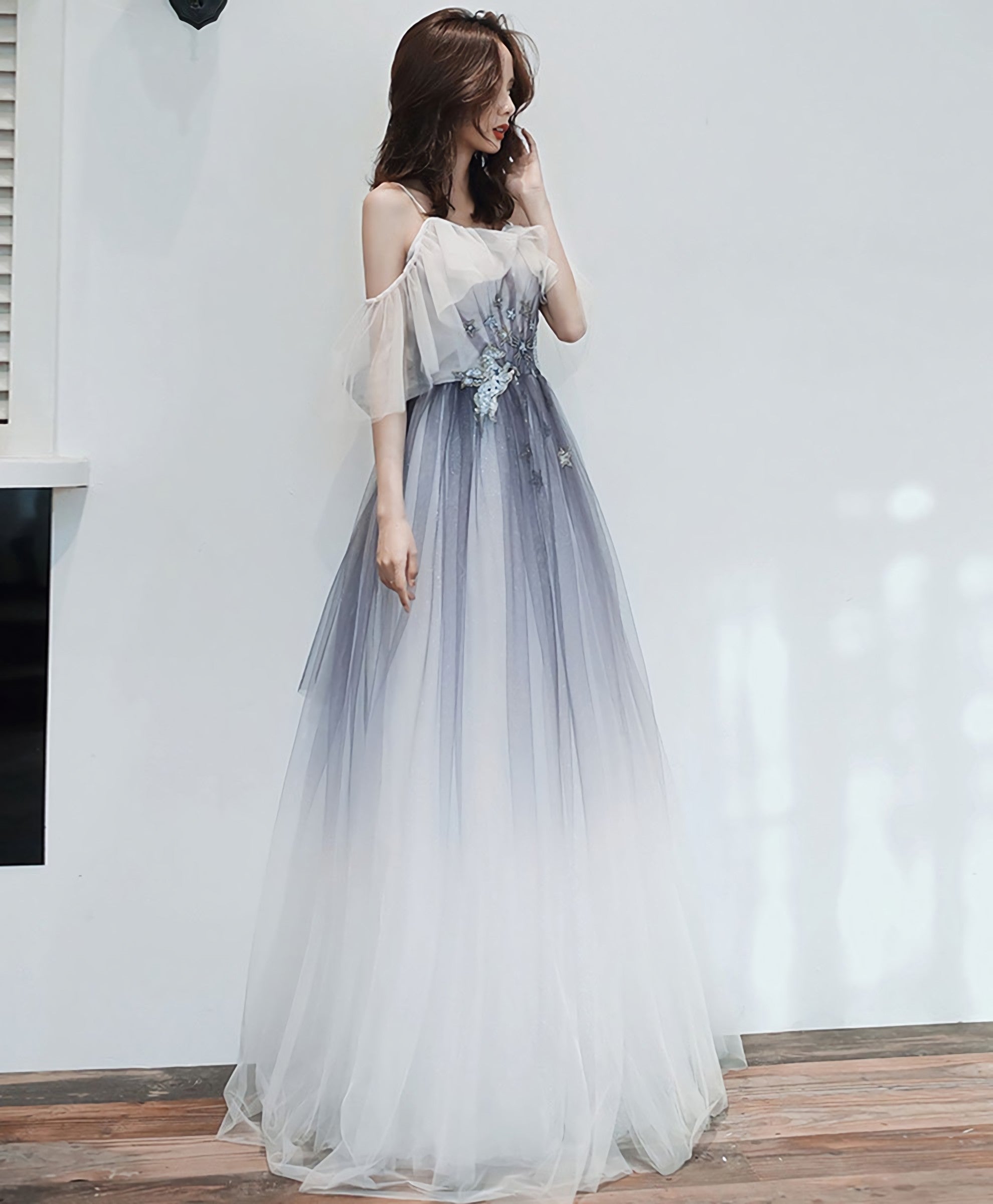 Blue Tulle Off Shoulder Long Prom Dress, Blue Formal Dress