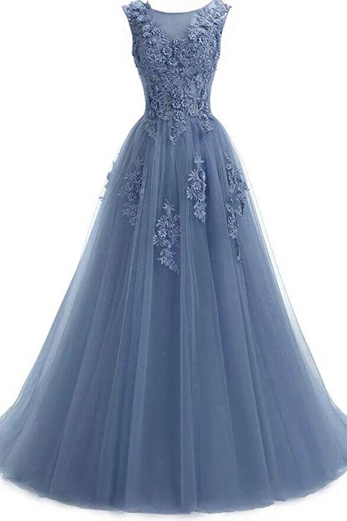 A Line Round Neck Lace Appliques Floor Length Prom Dresses