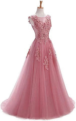 A Line Round Neck Lace Appliques Floor Length Prom Dresses