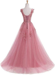 A Line Round Neck Lace Appliques Floor Length Prom Dresses