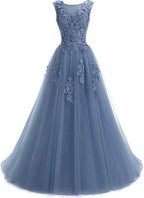 A Line Round Neck Lace Appliques Floor Length Prom Dresses