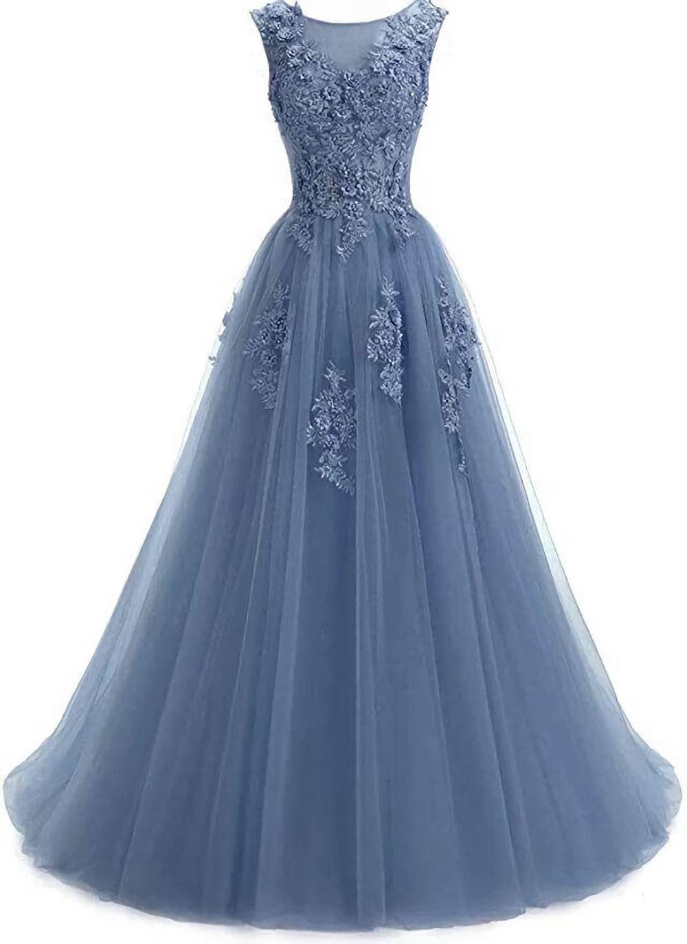 A Line Round Neck Lace Appliques Floor Length Prom Dresses
