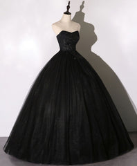Black Sweetheart Neck Tulle Long Prom Dress, Black Evening Dress, 1