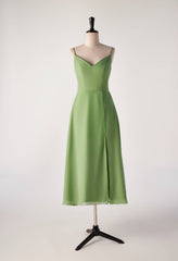 Matcha Green Straps Tea Length Bridesmaid Dress