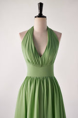 Halter V Neck Matcha Green Long Bridesmaid Dress