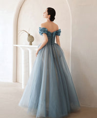 Blue Sweetheart Off Shoulder Tulle Long Prom Dress, Blue Formal Dress
