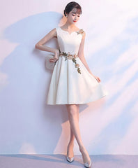 Simple White Satin Applique Short Prom Dress, Cute Homecoming Dress