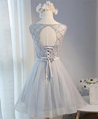 Gray Tulle Beads Short Prom Dress, Gray Homecoming Dress