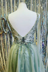 Mint Green Beaded V-Neck Backless A-Line Prom Dress
