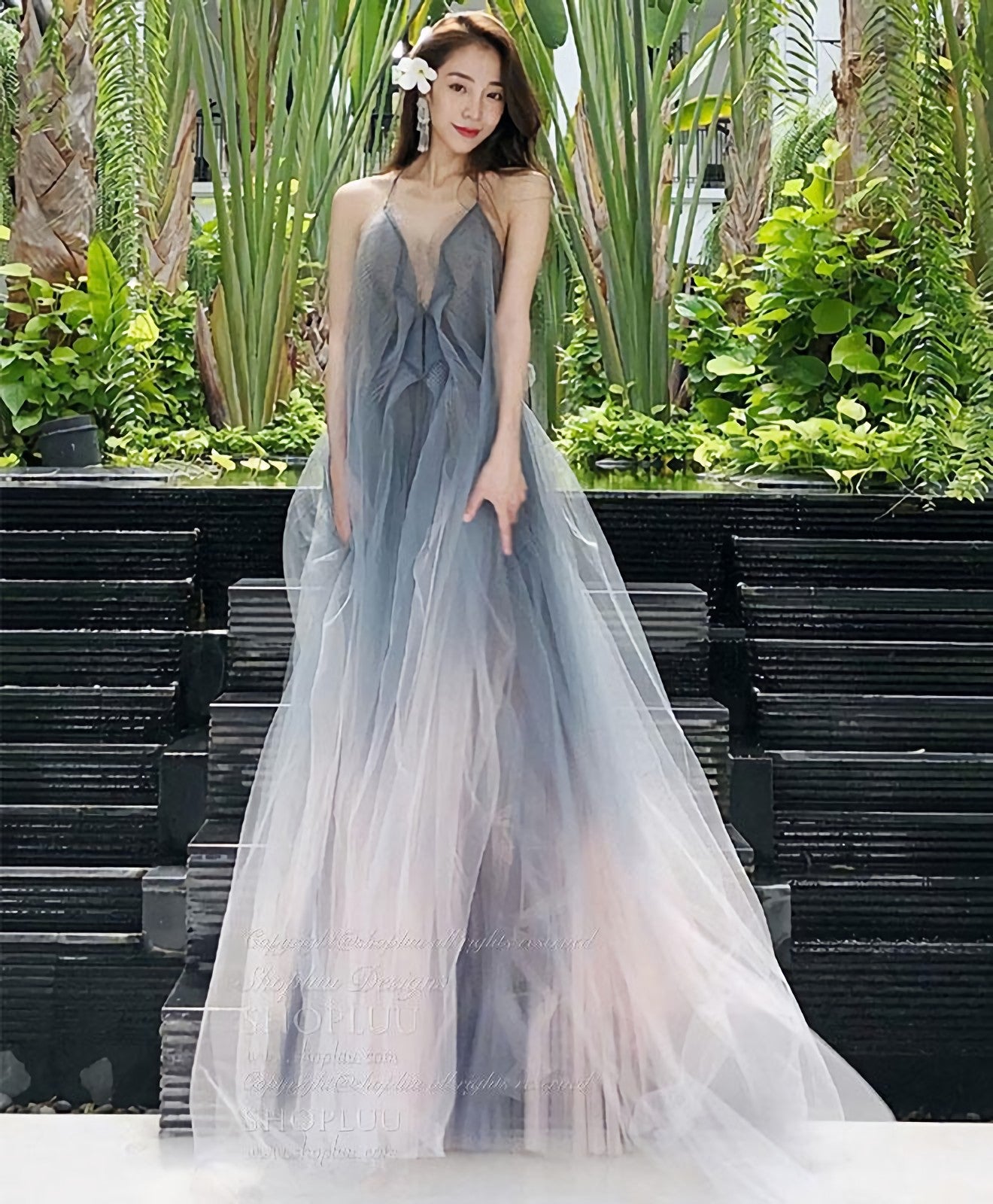 Gray V Neck Tulle Long Prom Dress, Gray Tulle Evening Dress, 1