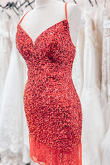 Red Lace-Up Sequins Sheath V Neck Homecoming Dress with Tassels