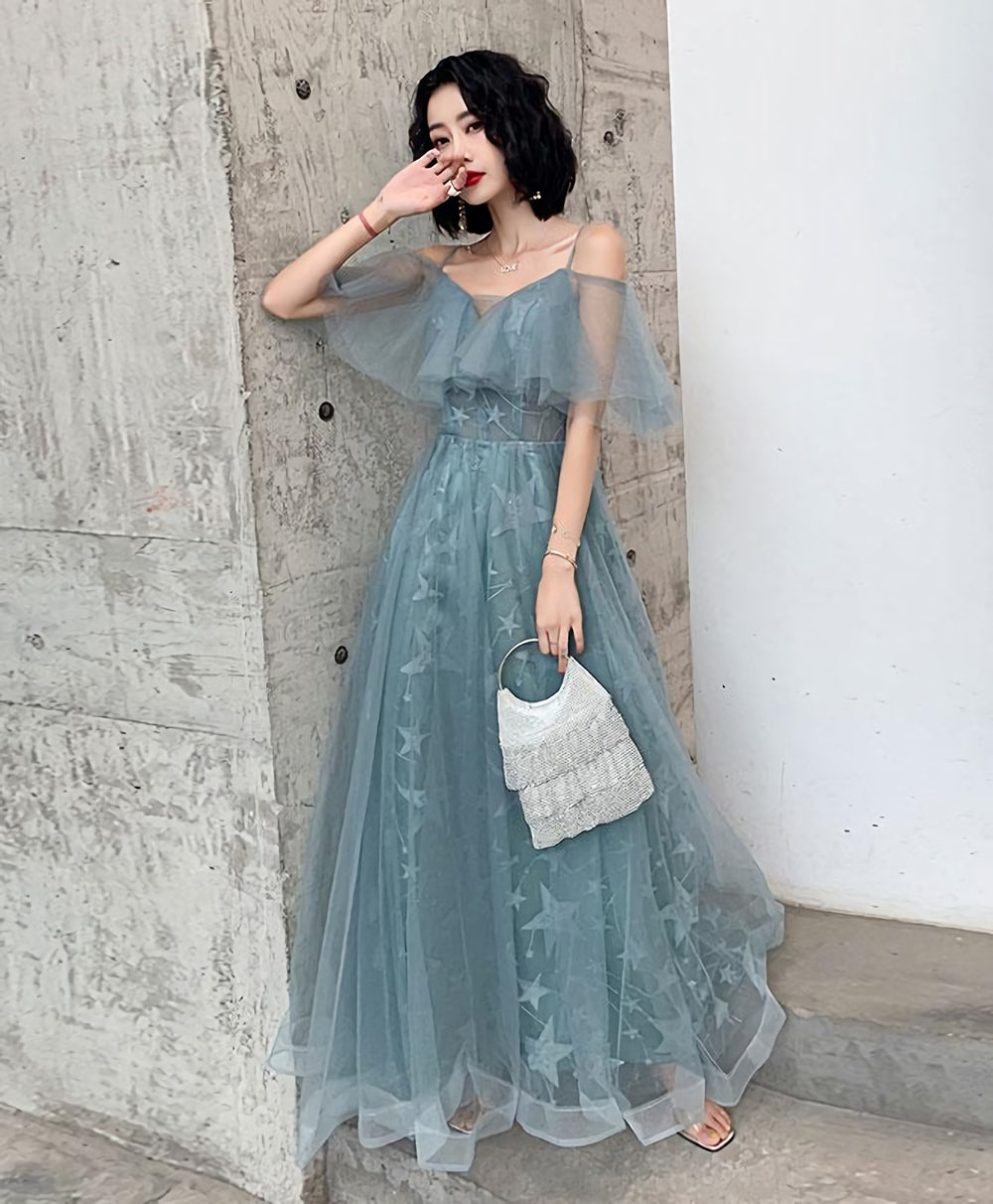 Green Tulle Lace Long Prom Dress, Green Evening Dress