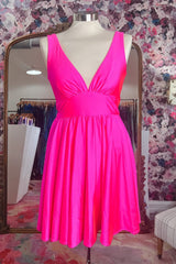 Hot Pink Deep V Neck A-line Satin Homecoming Dress