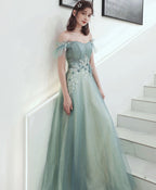 Green Tulle Lace Long Prom Dress, Green Tulle Formal Dress, 1