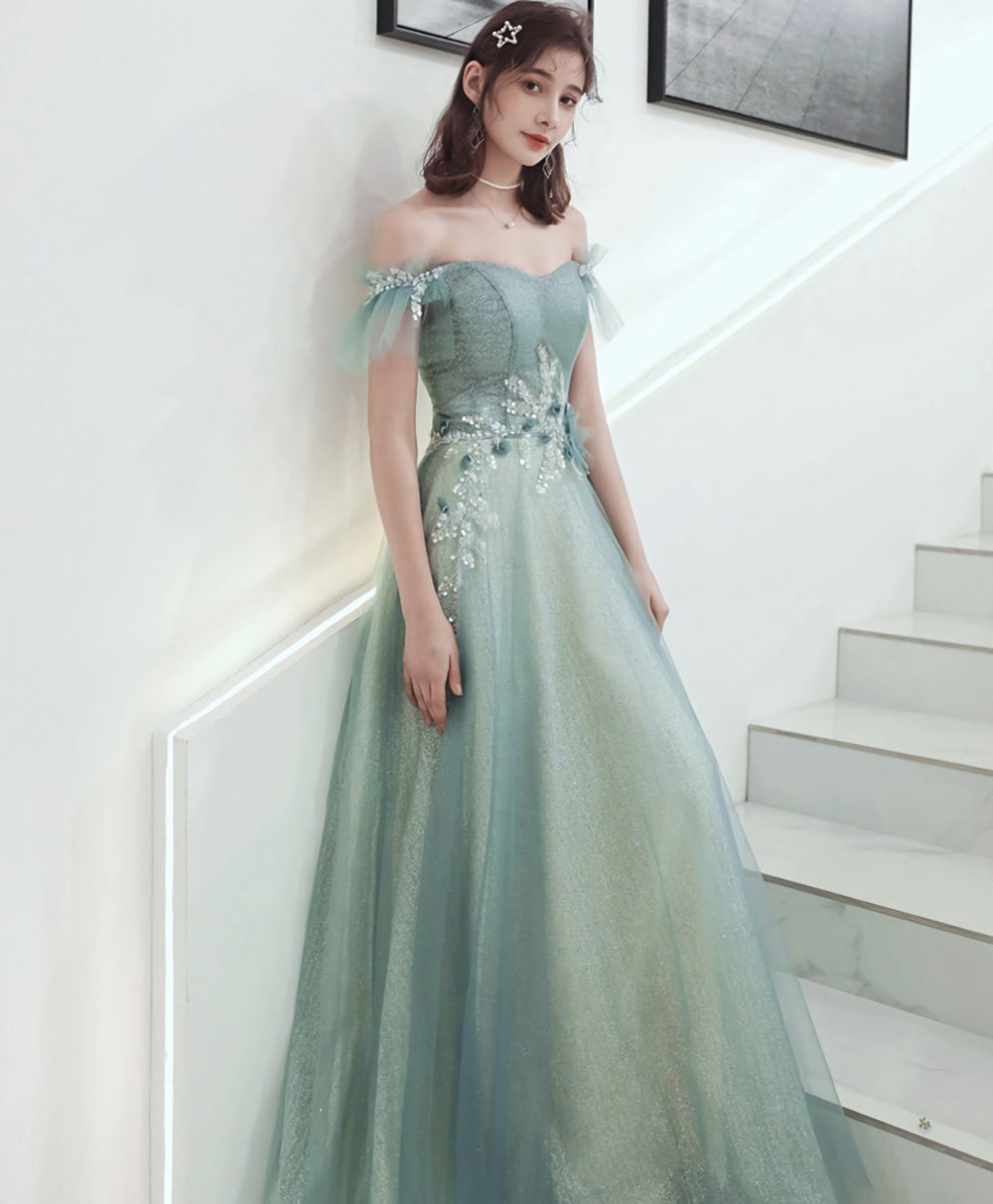 Green Tulle Lace Long Prom Dress, Green Tulle Formal Dress, 1