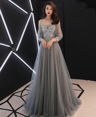Gray Sweetheart A Line Tulle Lace Long Prom Dress, Gray Evening Dress