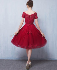 Burgundy Tulle Lace Short Prom Dress, Burgundy Lace Homecoming Dress