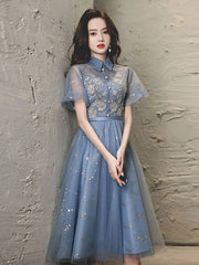 Blue Tulle Lace Short Prom Dress, Blue Tulle Homecoming Dress