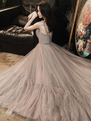 Simple Gray V Neck Tulle Long Prom Dress, Gray Formal Dress