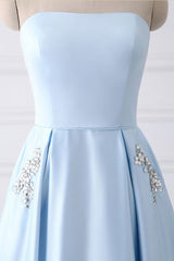 Light Blue A Line Floor Length Strapless Sleeveless Lace Up Prom Dresses